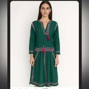 Kas New York embroidered green boho tassel long sleeve dress anthro summer $259